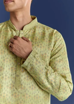 Pista Green Silk Kurta Set With Printed Symmetry