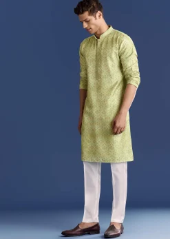 Pista Green Silk Kurta Set With Printed Symmetry