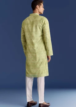 Pista Green Silk Kurta Set With Printed Symmetry