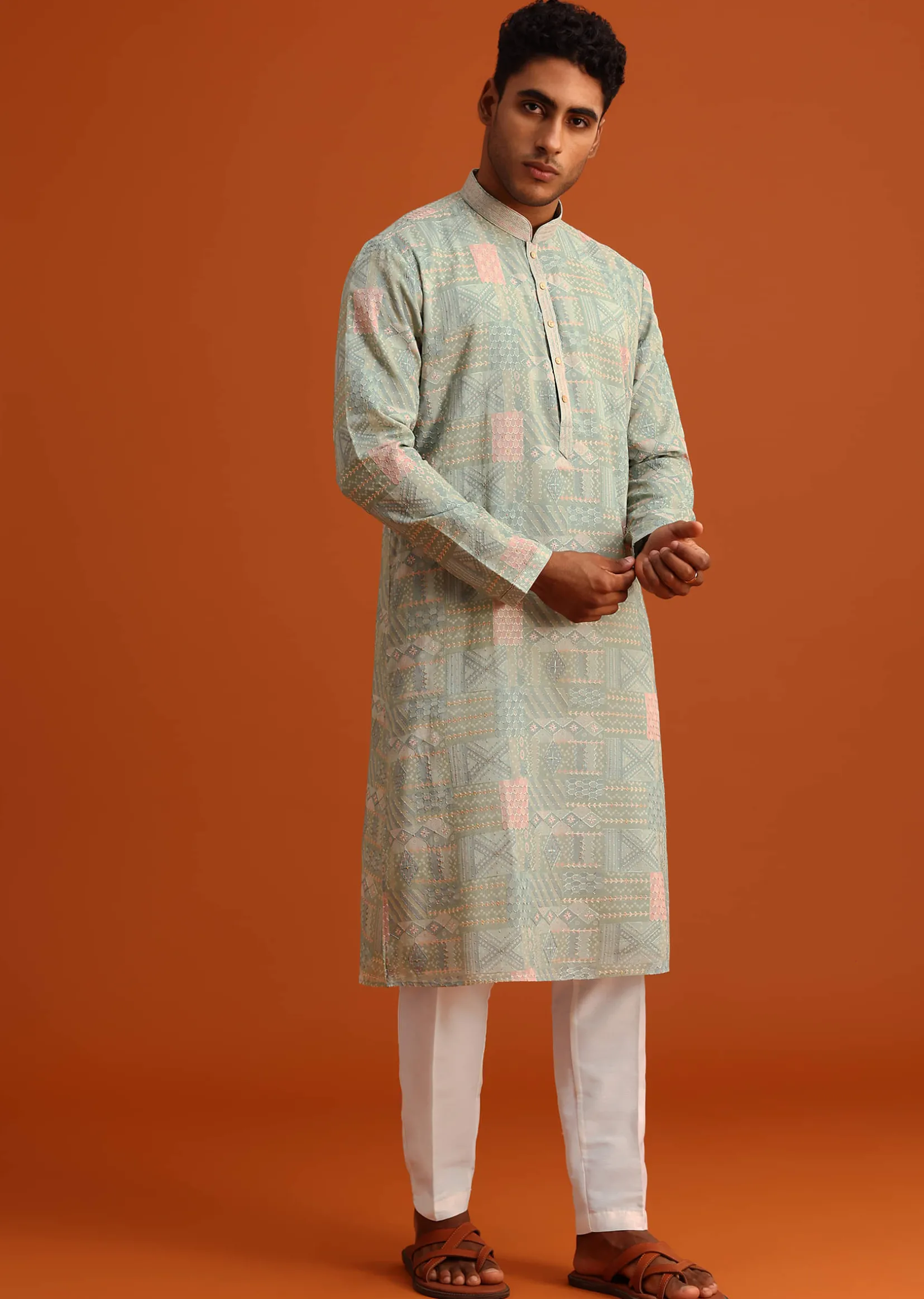 Pista Green Silk Kurta Set With Printed Detail