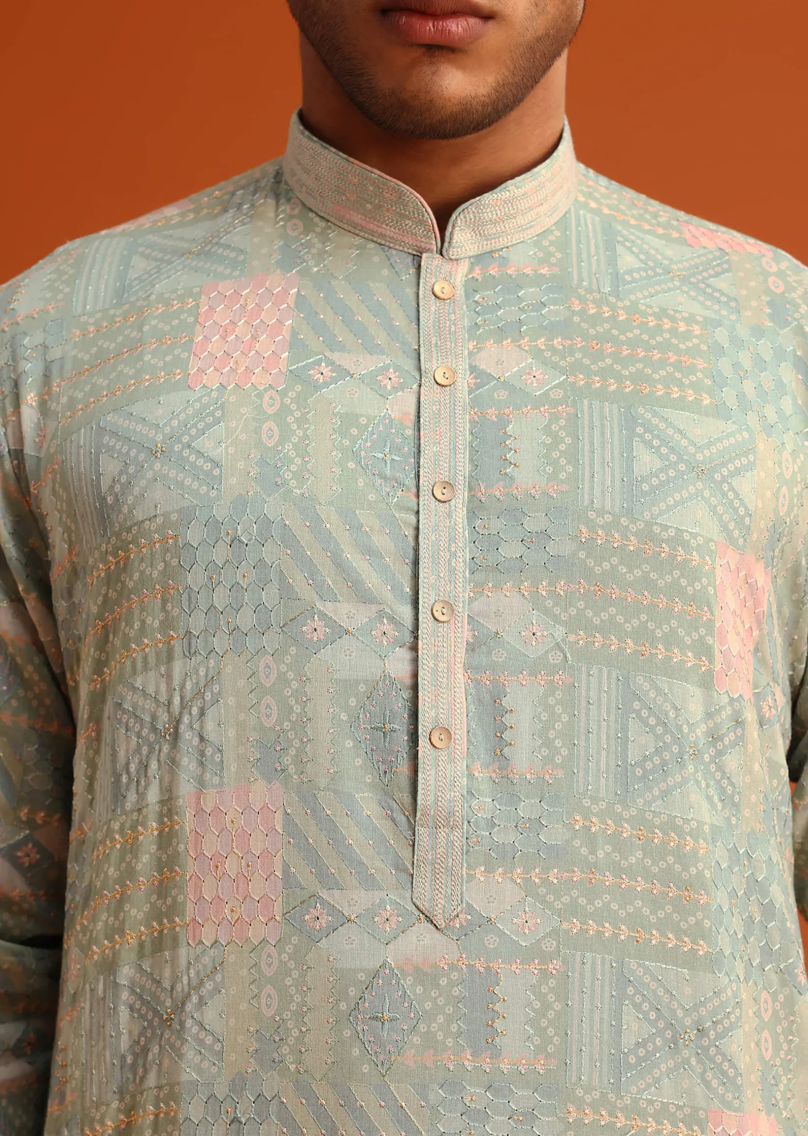Pista Green Silk Kurta Set With Printed Detail