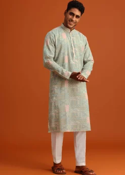 Pista Green Silk Kurta Set With Printed Detail