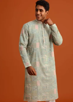 Pista Green Silk Kurta Set With Printed Detail