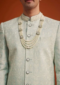 Pista Green Silk Sherwani Set With Beads Embroidery On Collar