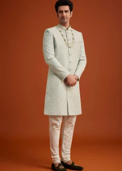 Pista Green Silk Sherwani Set With Beads Embroidery On Collar