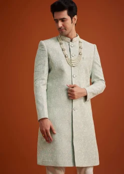 Pista Green Silk Sherwani Set With Beads Embroidery On Collar