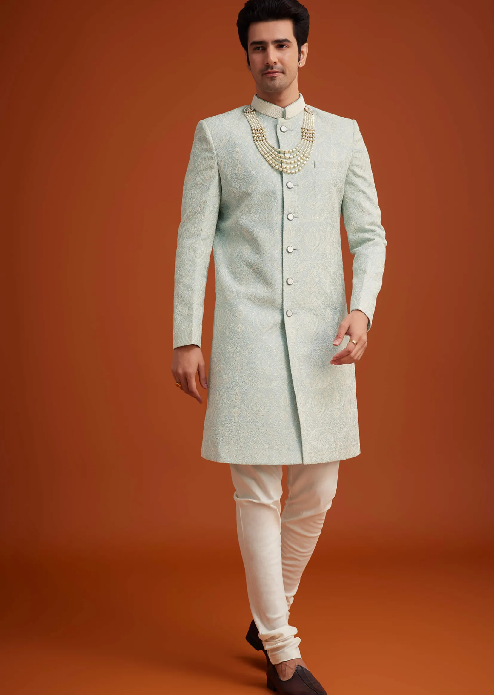 Pista Green Silk Sherwani Set With Bead Work