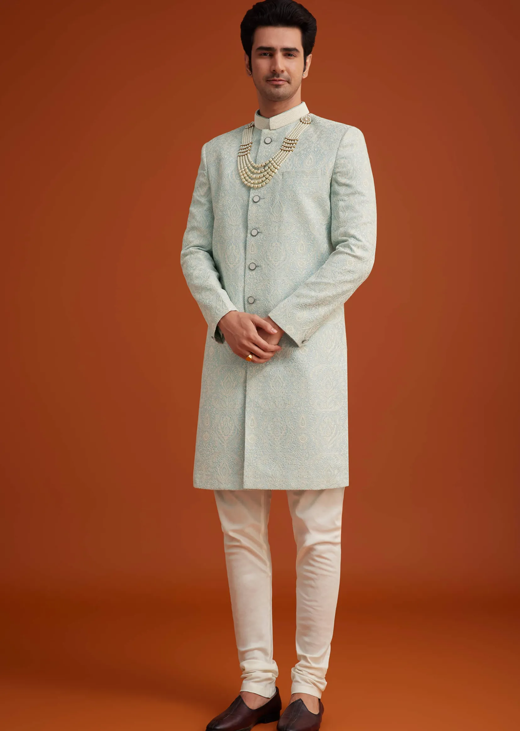 Pista Green Silk Sherwani Set With Bead Work