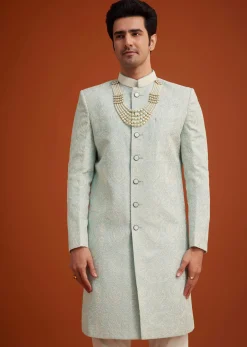 Pista Green Silk Sherwani Set With Bead Work