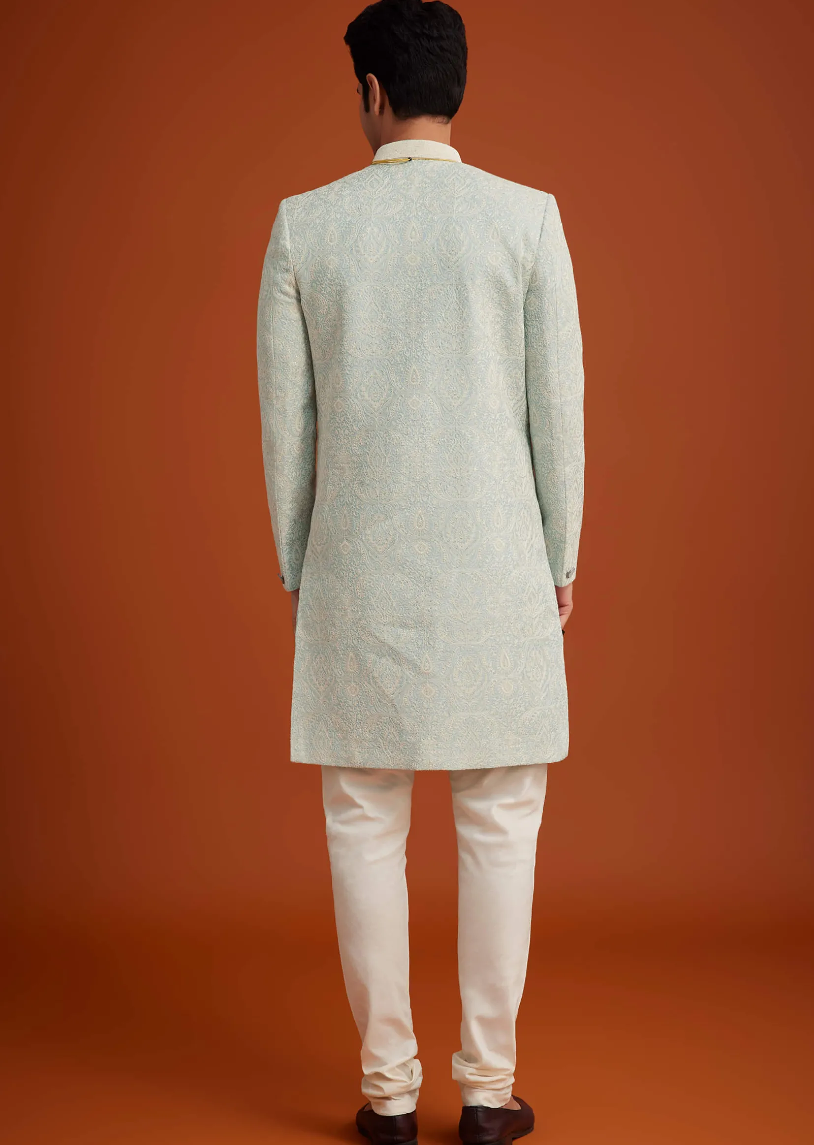 Pista Green Silk Sherwani Set With Bead Work
