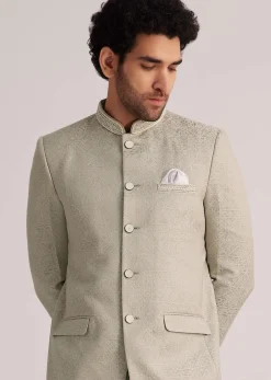 Pista Green Textured Bandhgala Suit
