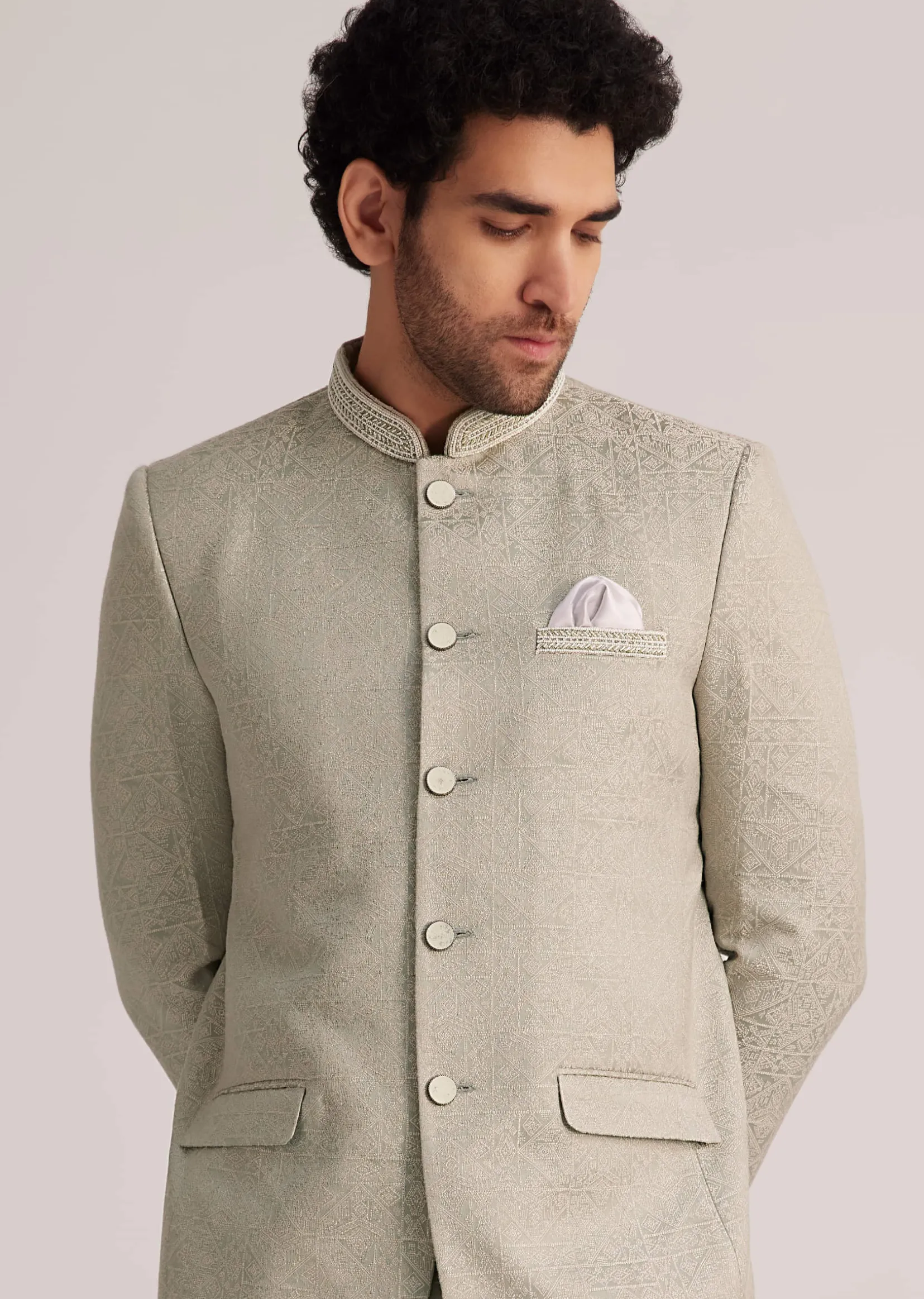 Pista Green Textured Bandhgala Suit