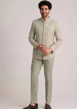 Pista Green Textured Bandhgala Suit