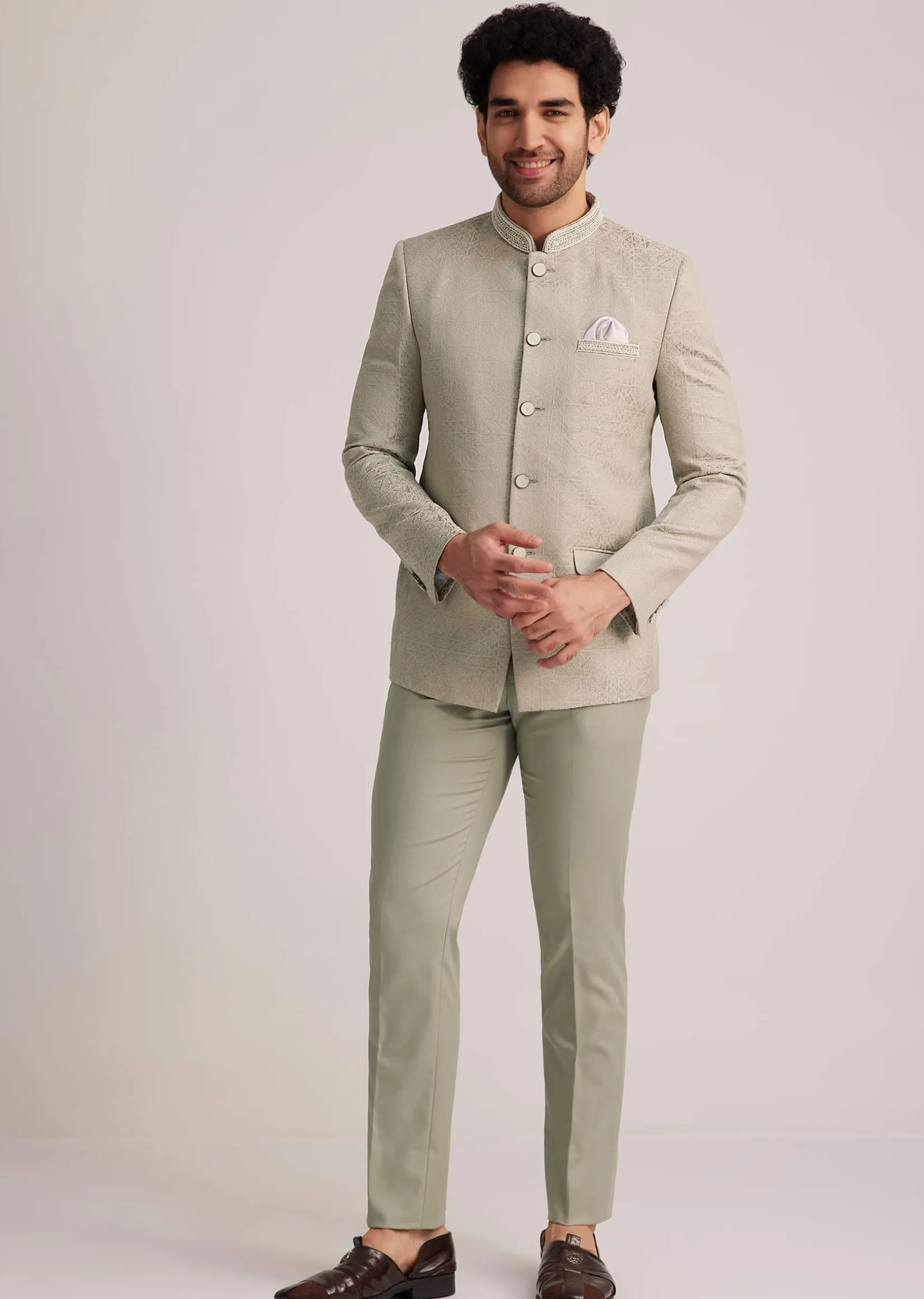 Pista Green Textured Bandhgala Suit