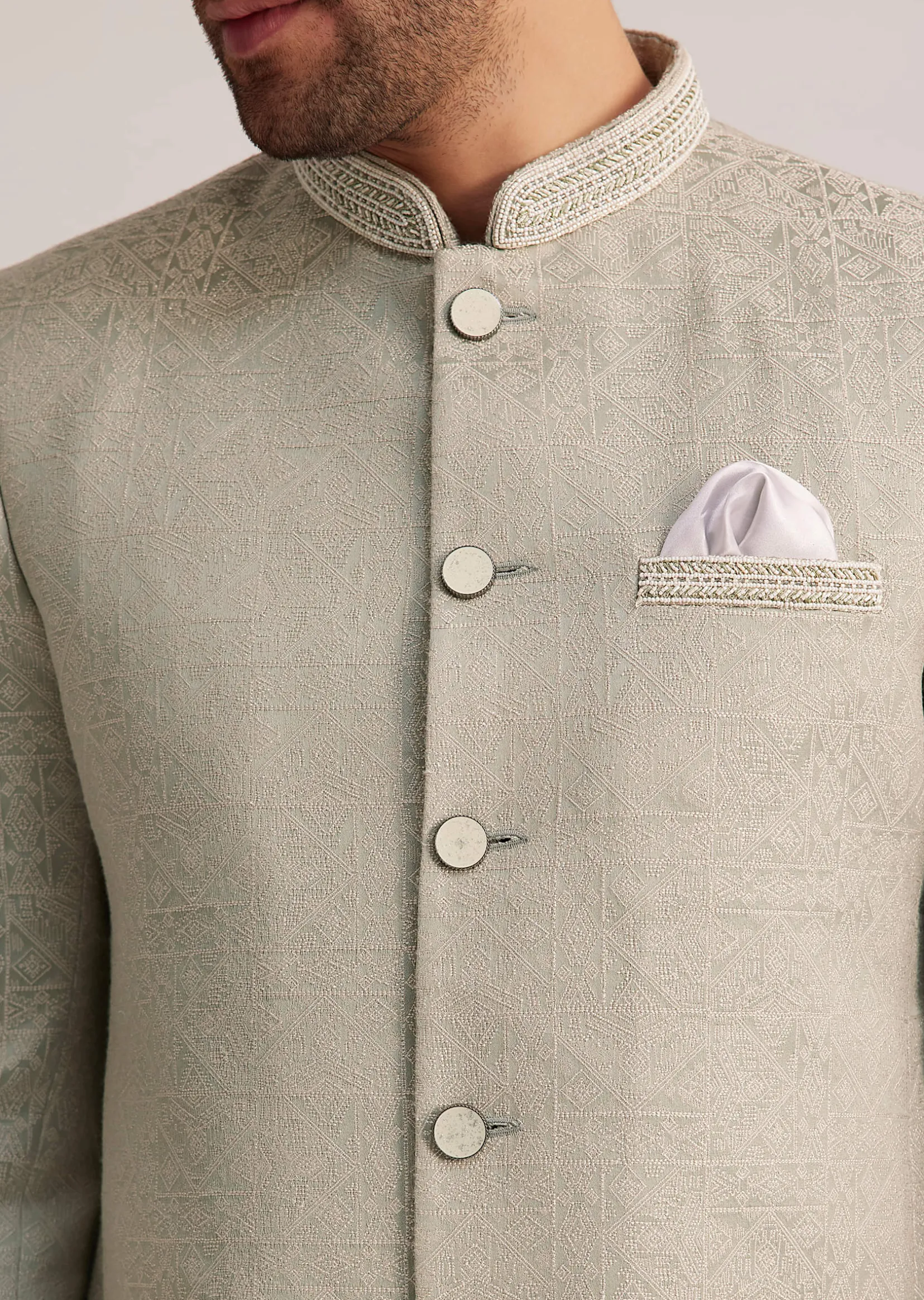 Pista Green Textured Bandhgala Suit