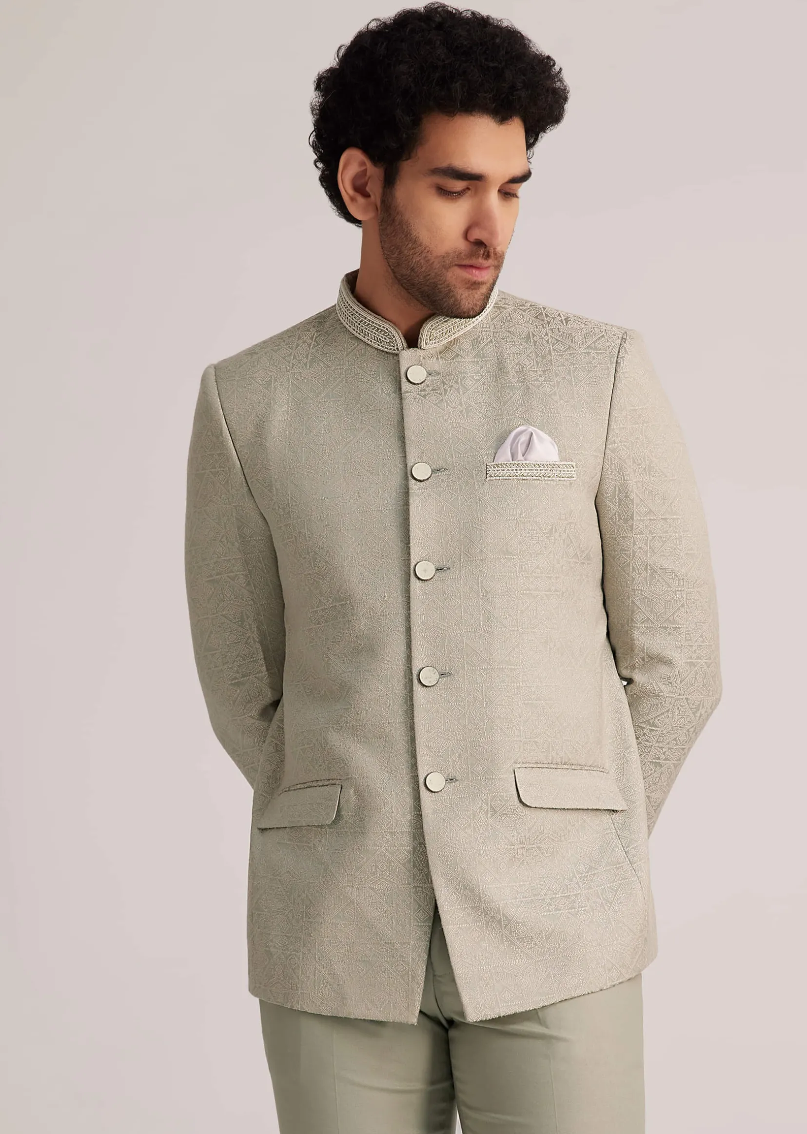 Pista Green Textured Bandhgala Suit