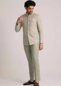 Pista Green Textured Bandhgala Suit