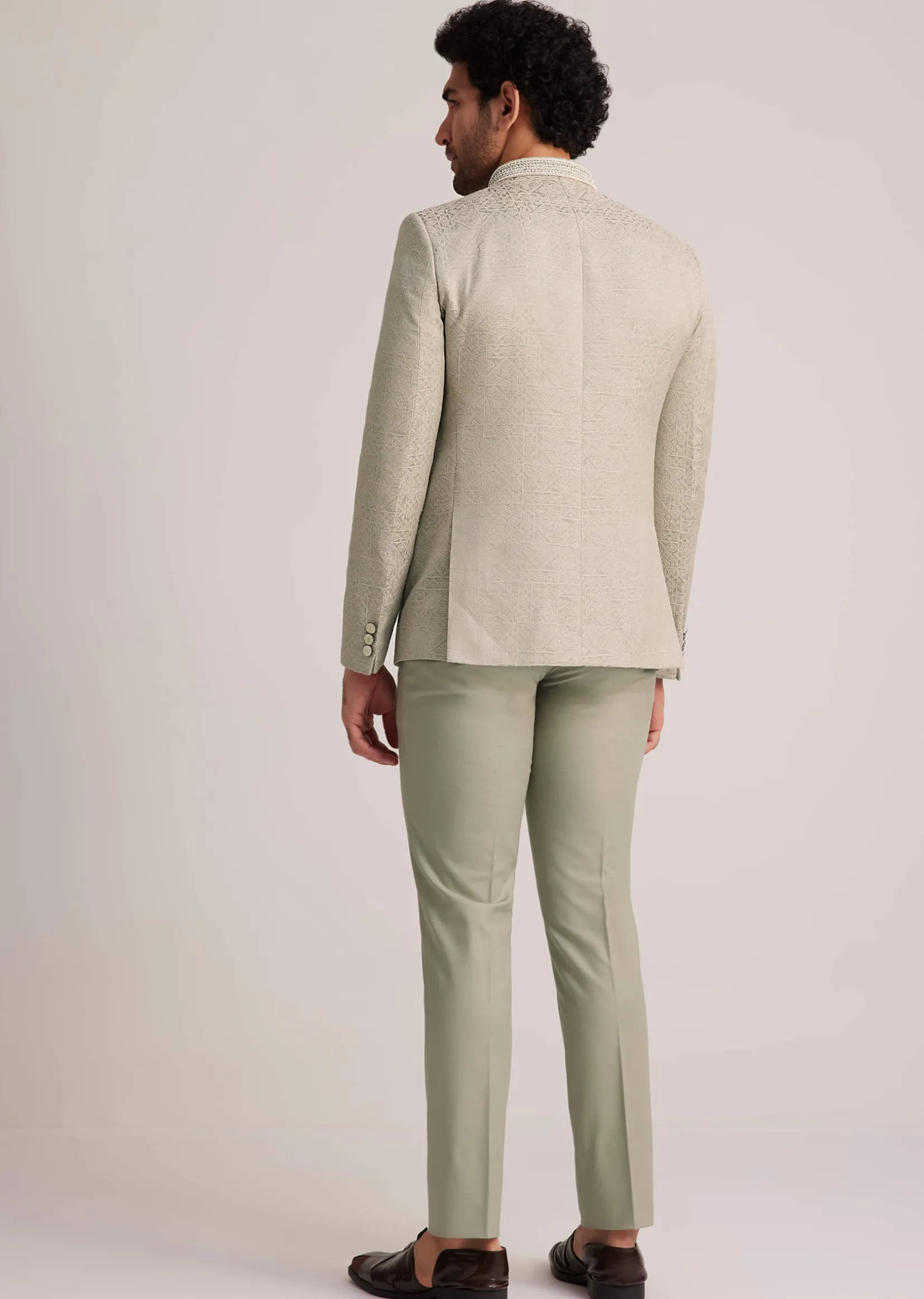 Pista Green Textured Bandhgala Suit