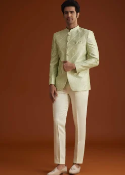 Pista Green Textured Jodhpuri Suit