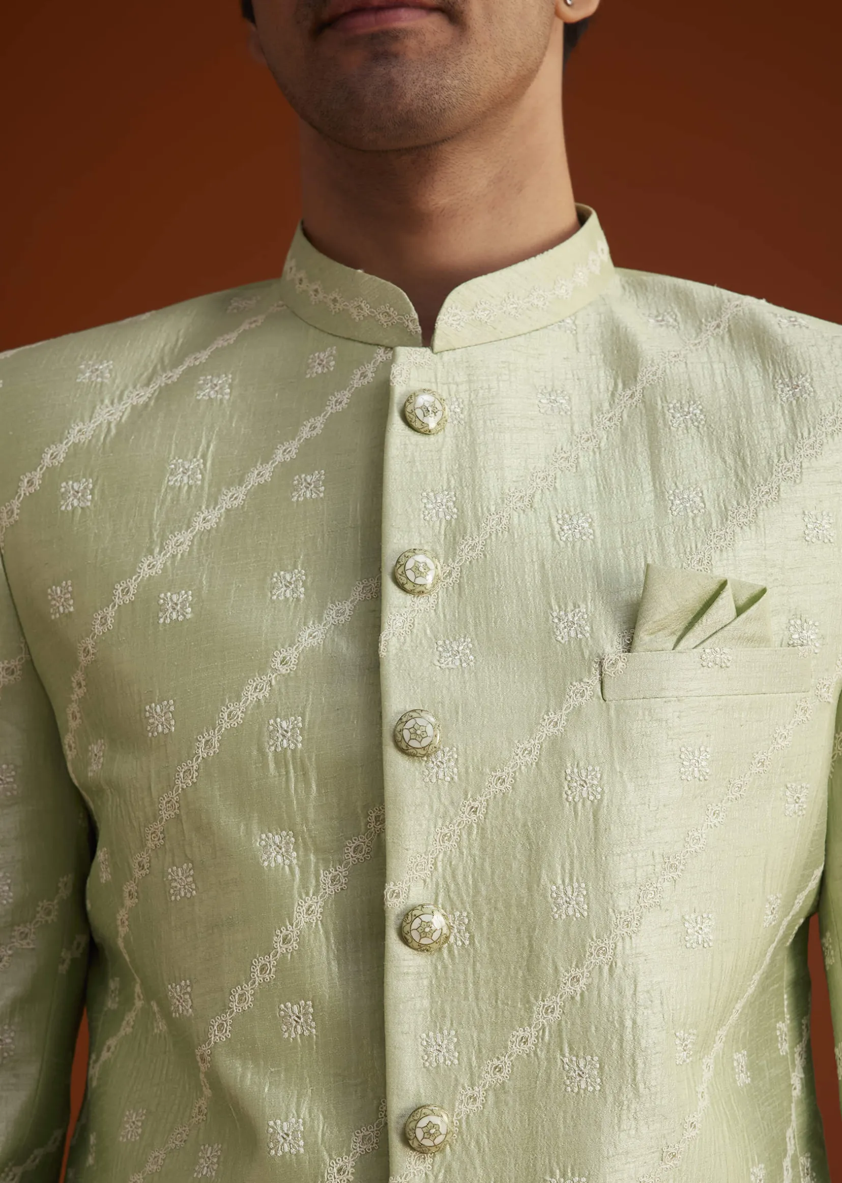Pista Green Textured Jodhpuri Suit