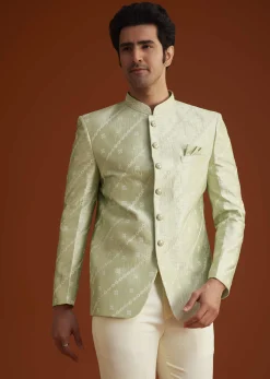 Pista Green Textured Jodhpuri Suit