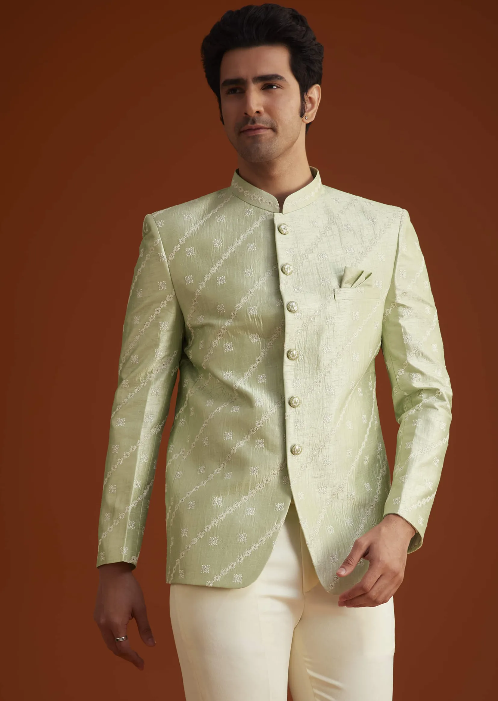 Pista Green Textured Jodhpuri Suit