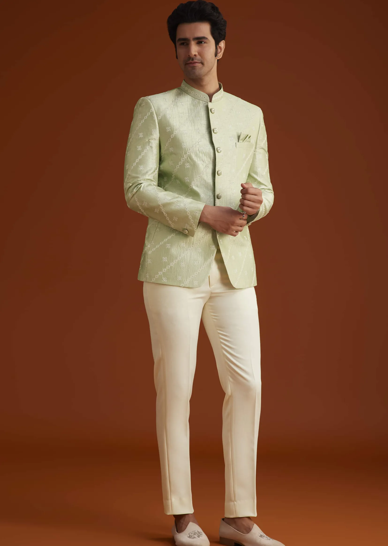 Pista Green Textured Jodhpuri Suit