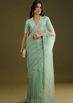 Pista Green Tissue Saree With Embroidered Scallop Border