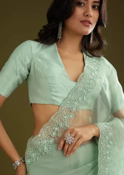 Pista Green Tissue Saree With Embroidered Scallop Border
