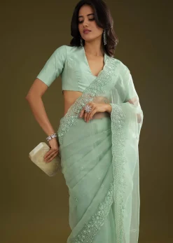 Pista Green Tissue Saree With Embroidered Scallop Border