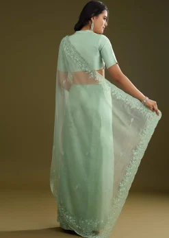 Pista Green Tissue Saree With Embroidered Scallop Border