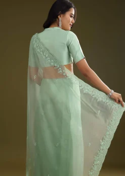 Pista Green Tissue Saree With Embroidered Scallop Border