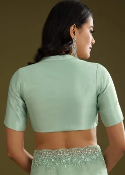 Pista Green Tissue Saree With Embroidered Scallop Border