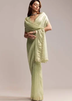 Pista Green Tissue Saree With Butti Work Embroidery
