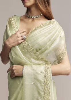 Pista Green Tissue Saree With Butti Work Embroidery