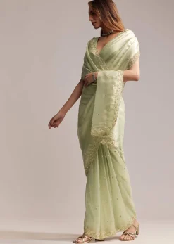 Pista Green Tissue Saree With Butti Work Embroidery