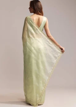 Pista Green Tissue Saree With Butti Work Embroidery