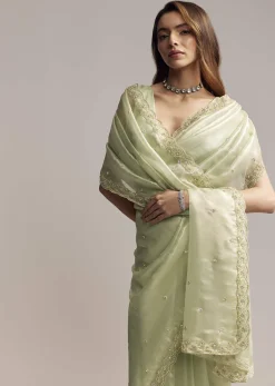 Pista Green Tissue Saree With Butti Work Embroidery