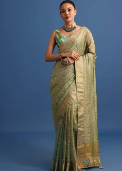 Pista Green Tissue Saree With Gota Patti And Zari Work And Lehriya Blouse