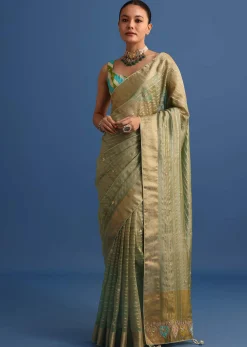 Pista Green Tissue Saree With Gota Patti And Zari Work And Lehriya Blouse