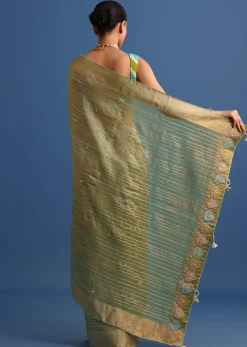 Pista Green Tissue Saree With Gota Patti And Zari Work And Lehriya Blouse