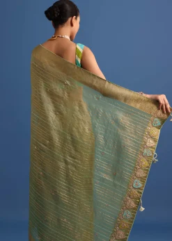 Pista Green Tissue Saree With Gota Patti And Zari Work And Lehriya Blouse