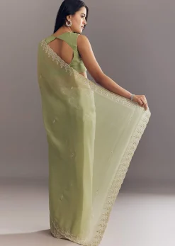 Pista Green Tissue Saree With Leaf Motif Embroidery In Sequins And Cutdana