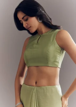 Pista Green Tissue Saree With Leaf Motif Embroidery In Sequins And Cutdana
