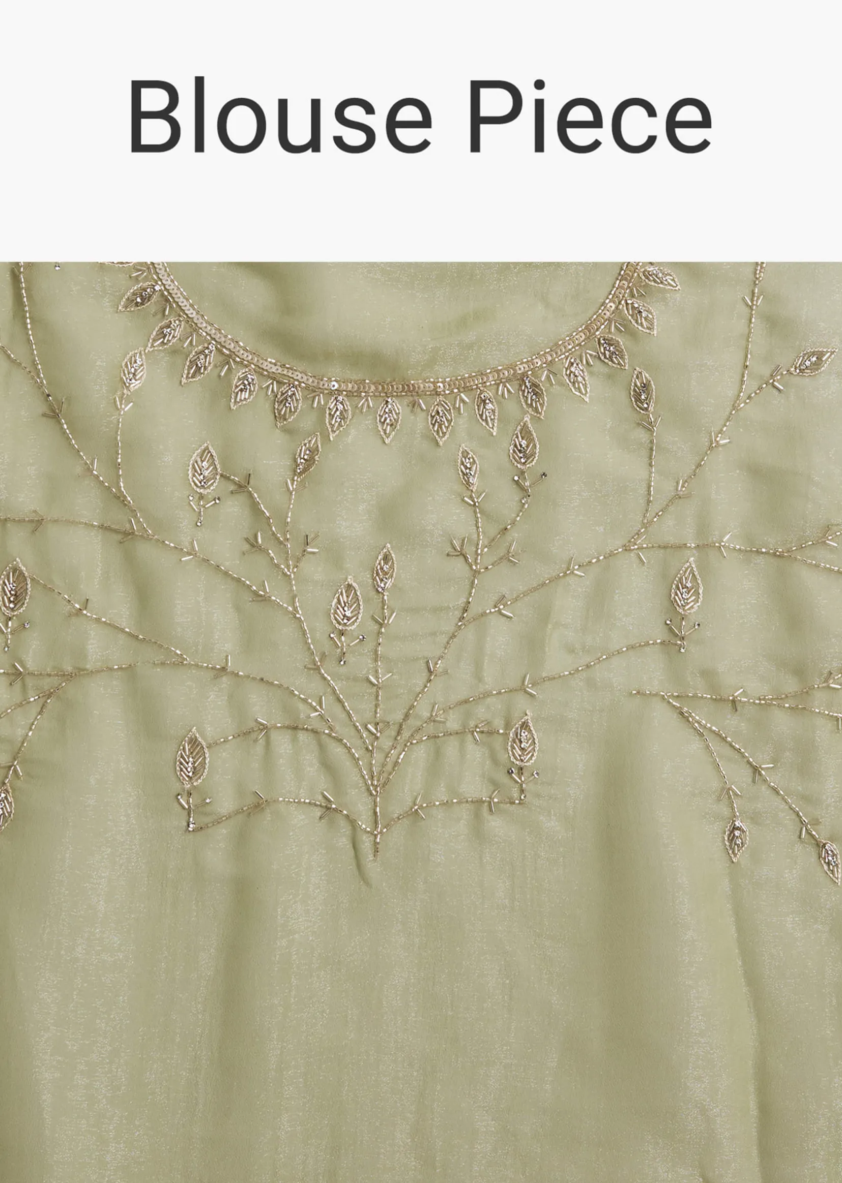 Pista Green Tissue Saree With Leaf Motif Embroidery In Sequins And Cutdana