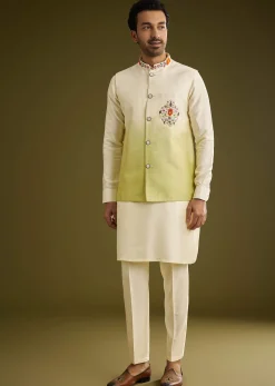 Pista Ombre Green Silk Kurta Jacket Set With Thread Work
