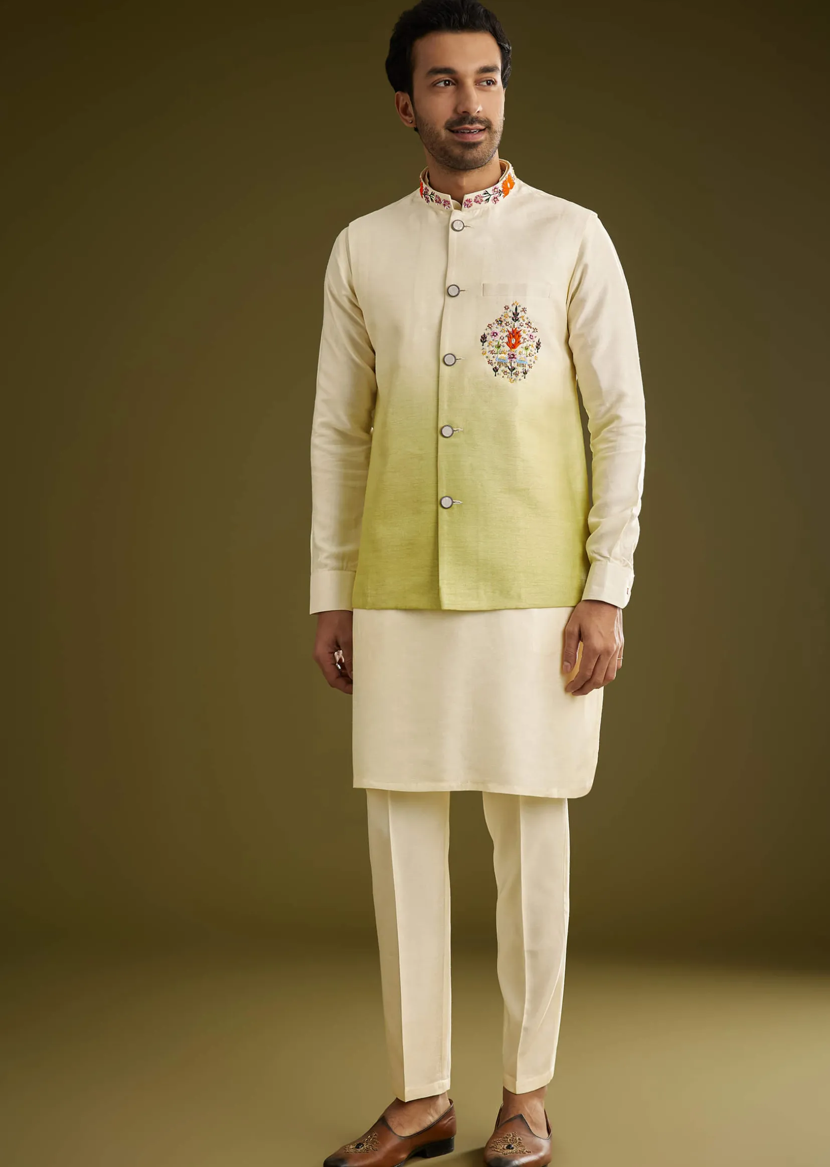 Pista Ombre Green Silk Kurta Jacket Set With Thread Work