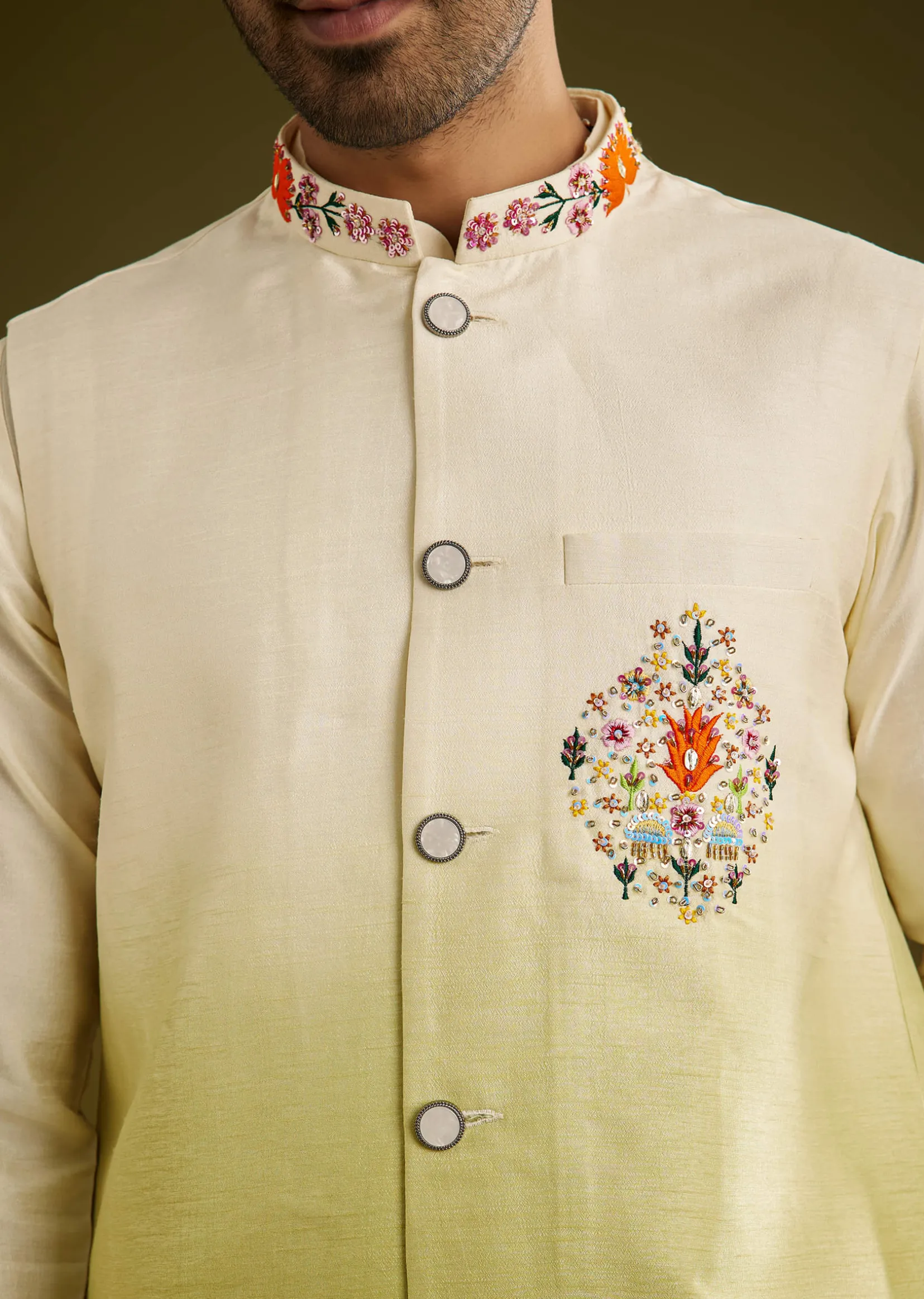 Pista Ombre Green Silk Kurta Jacket Set With Thread Work