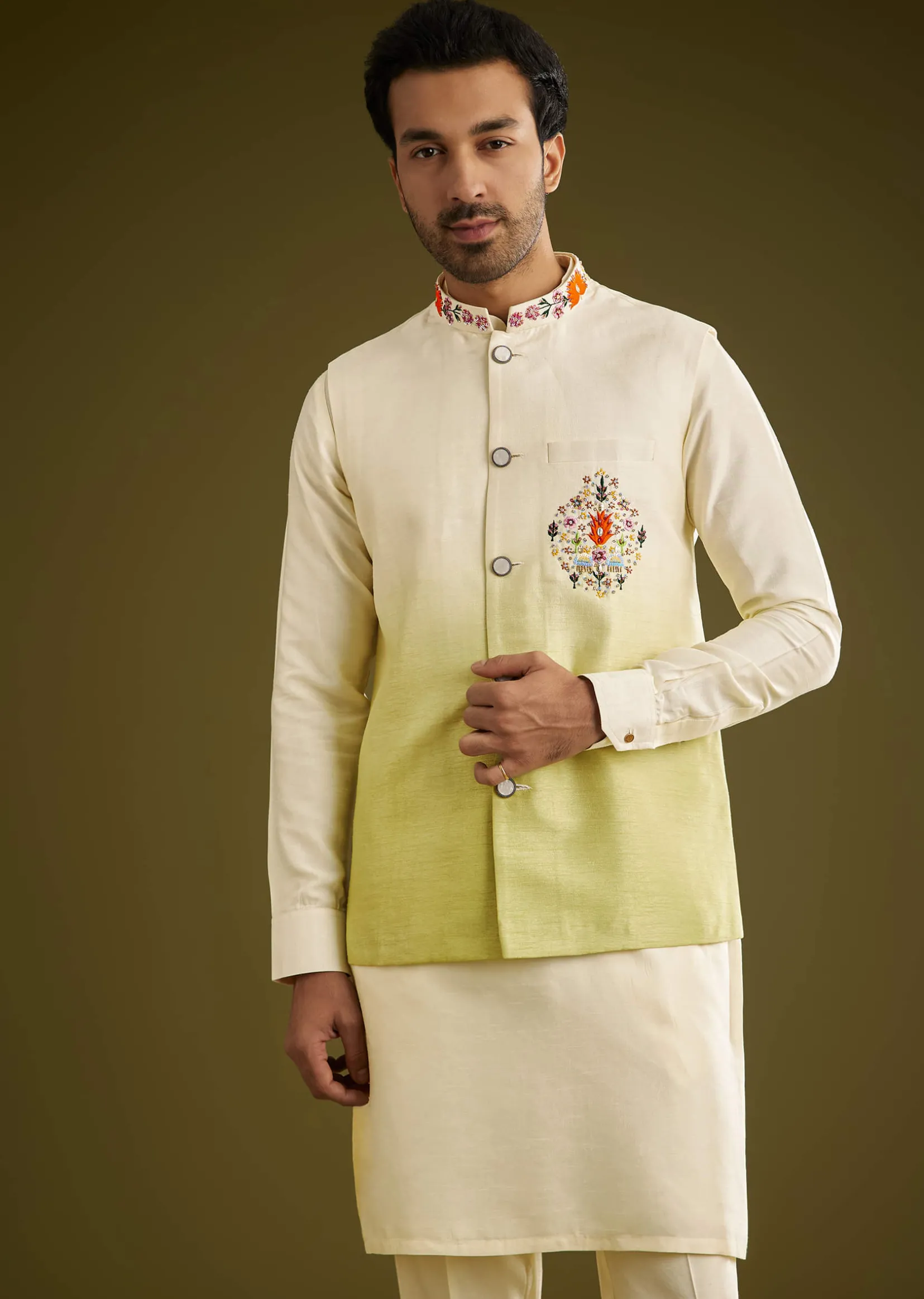 Pista Ombre Green Silk Kurta Jacket Set With Thread Work