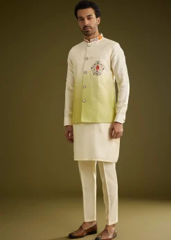 Pista Ombre Green Silk Kurta Jacket Set With Thread Work